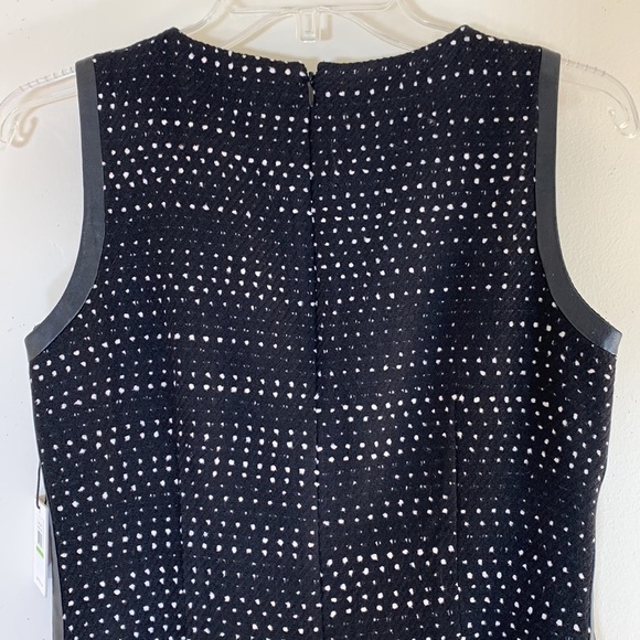 NWT. Calvin Klein 4P Faux Leather Trim Polkadot Tweed Sheath Dress. - Picture 9 of 11